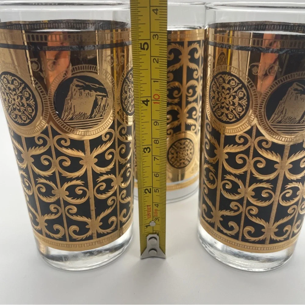 Set of 3 Libbey Prudential Rock of Gibraltar Black Gold MCM Highball Glasses VTG